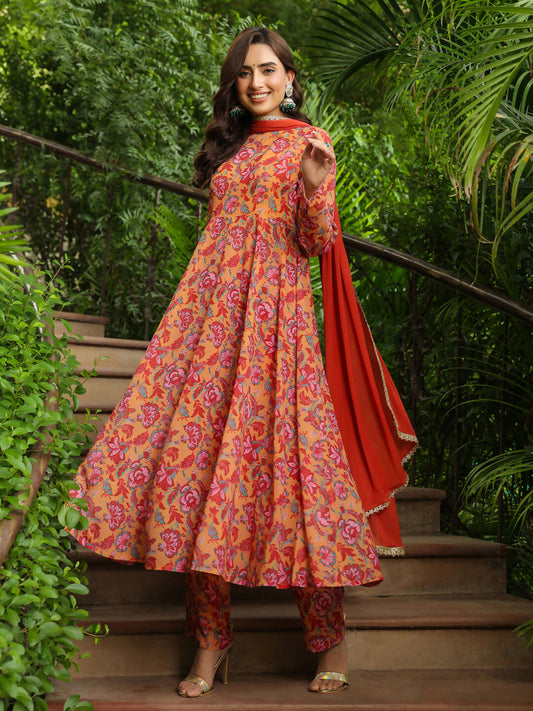 Janasya Mustard Georgette Floral Kurta,Bottom & Dupatta | Swadesiicart