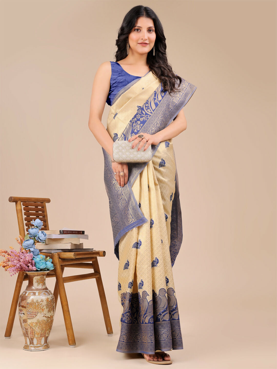 Astita Banarasi Silk Cream & Navy Blue Saree | Swadesiicart