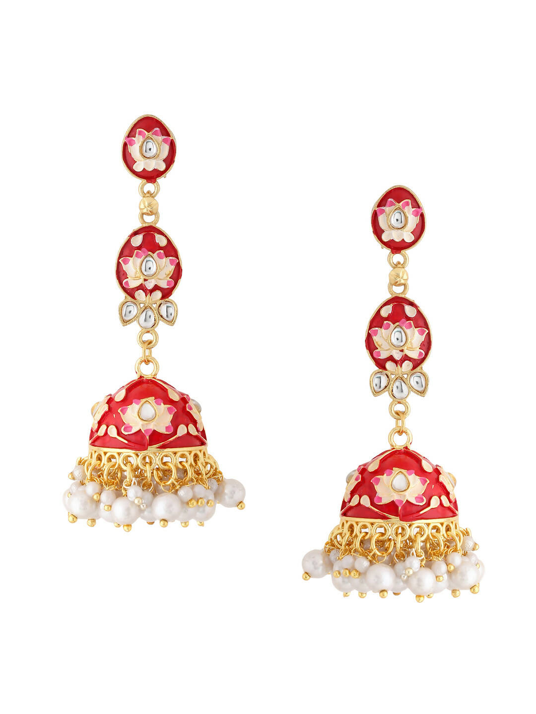 NVR Women Gold-Polished Red Kundan Jhumkas Earrings | Swadesiicart