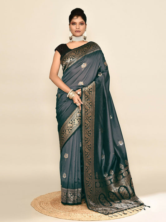 Joban Fashion Grey & Black Plain With Weaving Border Banarasi Silk Sarees | Swadesiicart