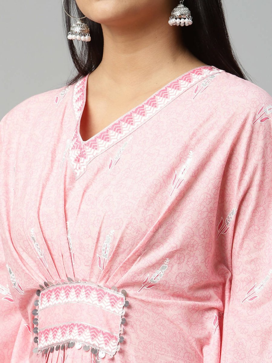 Ahalyaa Women Pink Pure Cotton Printed Kaftan Kurta | Swadesiicart