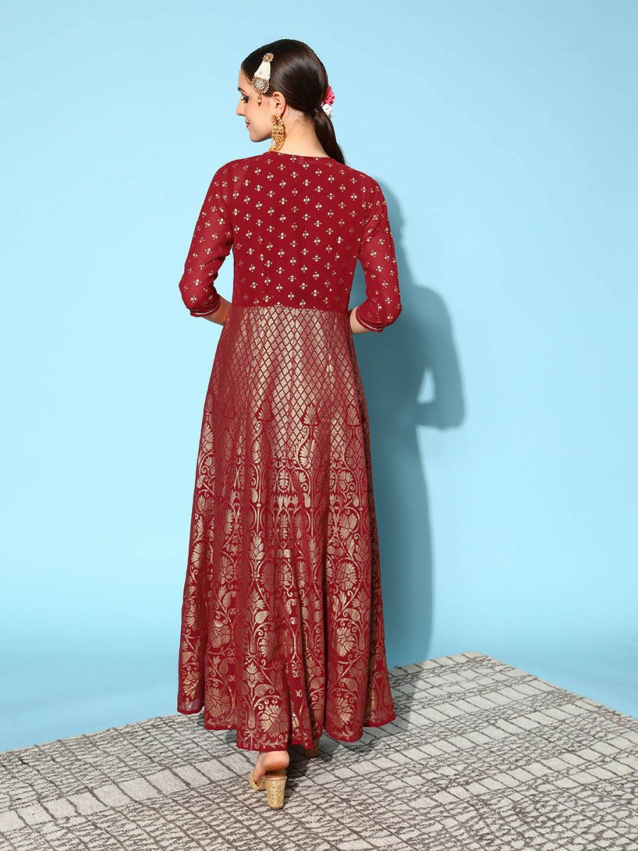 Ahalyaa Women Beautiful Maroon Crepe Brocade Ethnic Dress | Swadesiicart