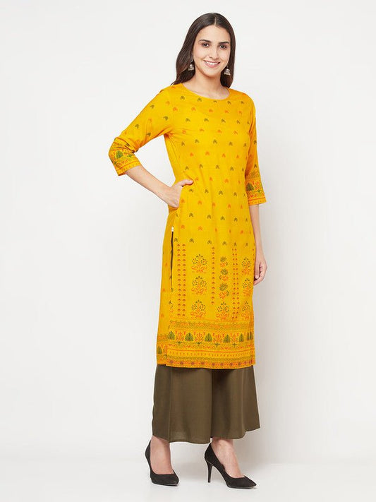 Aniyah Rayon Screen Print Mustard Straight Kurta - Swadesiicart