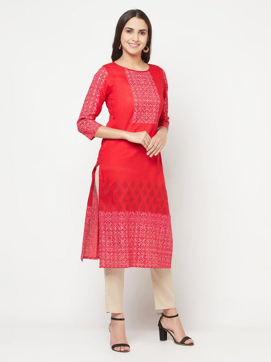 Aniyah Cotton Block Print Red Straight Kurta - Swadesiicart