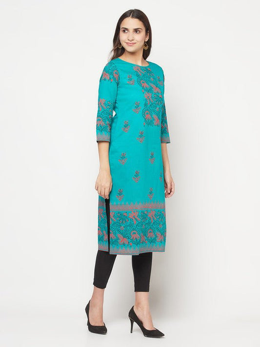 Aniyah Turquoise Cotton Block Print Straight Kurta - Swadesiicart