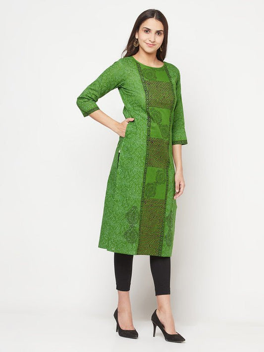 Aniyah Cotton Block Print Green Straight Kurta - Swadesiicart