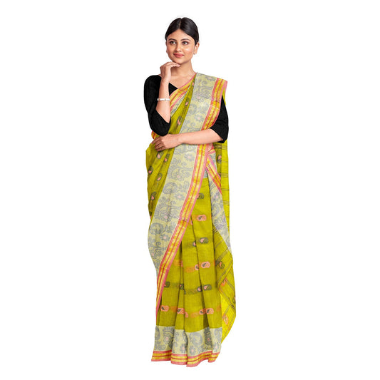 Exclusive Collection 100% Pure Cotton Olive Tant Saree With Hand Weaving Work - Swadesiicart