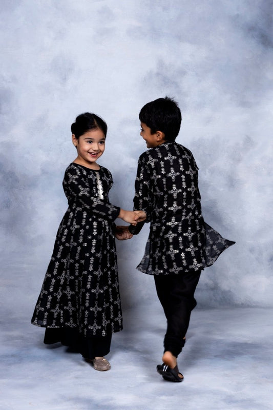 Ahalyaa Boys Black Chanderi Gold Printed Kids Kurta Churidar Set | Swadesiicart