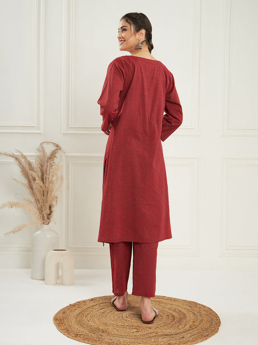 InWeave Women's Ruby Maroon Kantha V Neck Kurta Pant Set - Swadesiicart