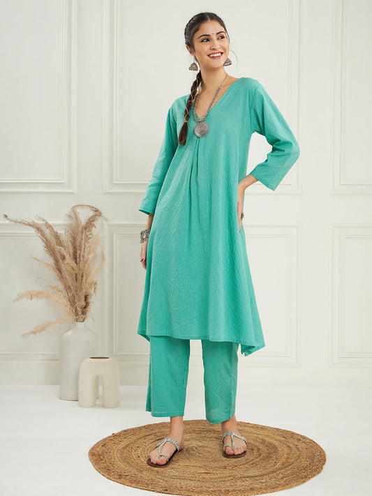 InWeave Women's Arctic Blue Kantha V Neck Kurta Pant Set - Swadesiicart