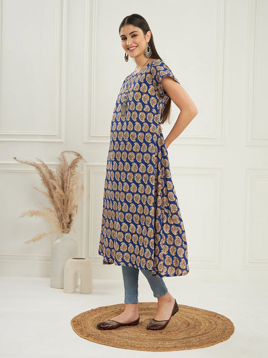 InWeave Women's Ink Blue Small Paisley Kalamkari A Line Dress - Swadesiicart