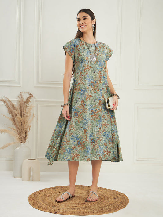 InWeave Women's Dull Green Leaf Floral Print A Line Dress - Swadesiicart