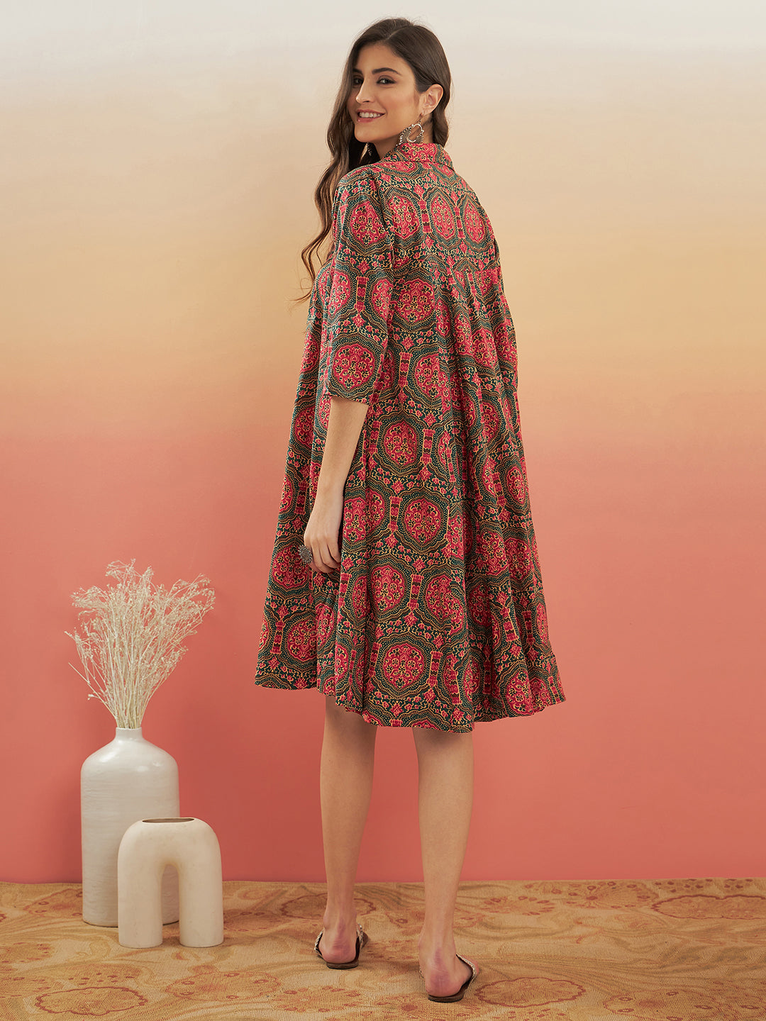InWeave Women's Green Red Mughal Kalamkari Flared Dress - Swadesiicart