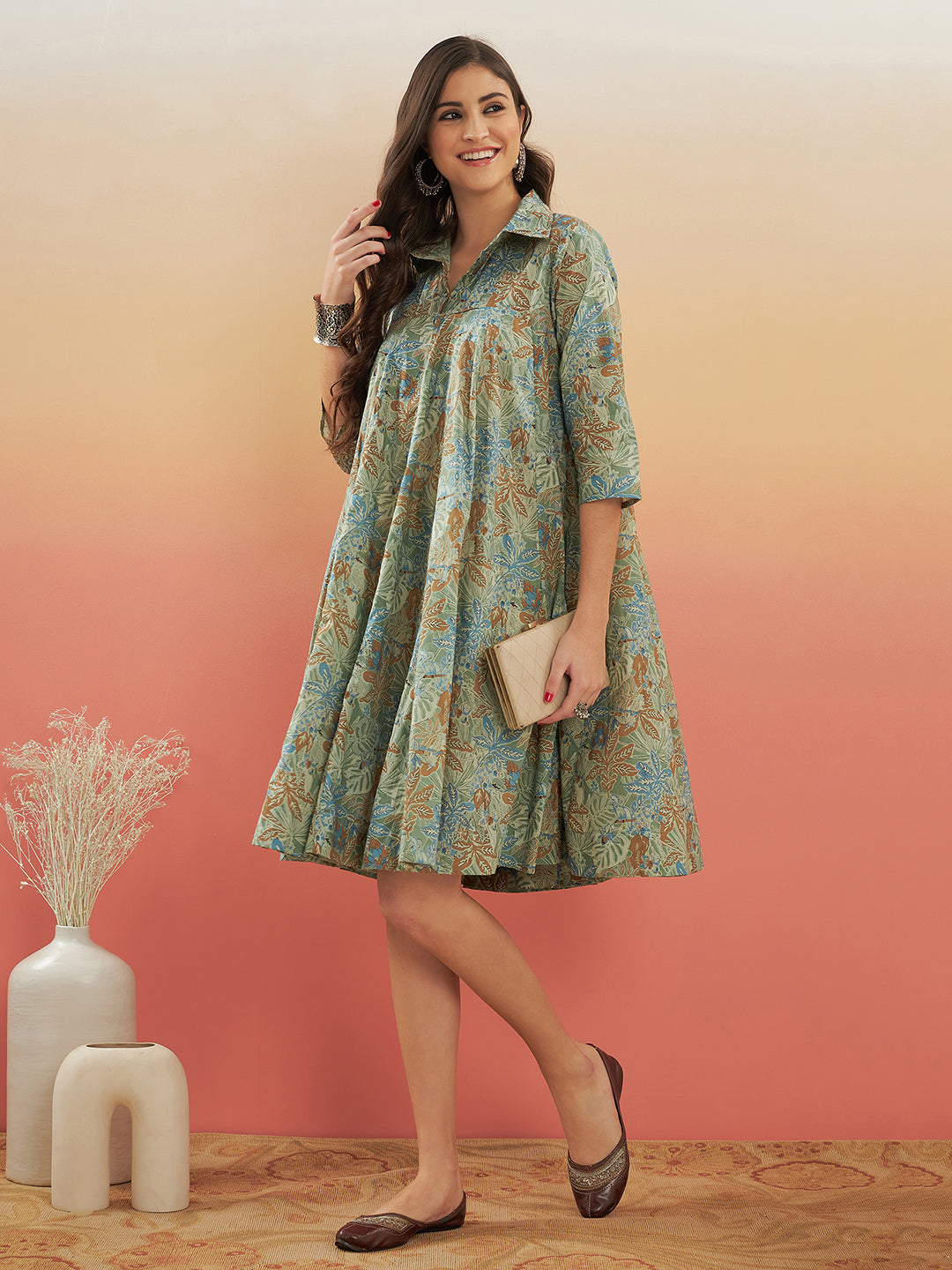 InWeave Women's Dull Green Leaf Floral Print Flared Dress - Swadesiicart