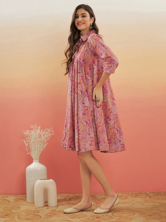 InWeave Women's Pink Coral Floral Print Flared Dress - Swadesiicart
