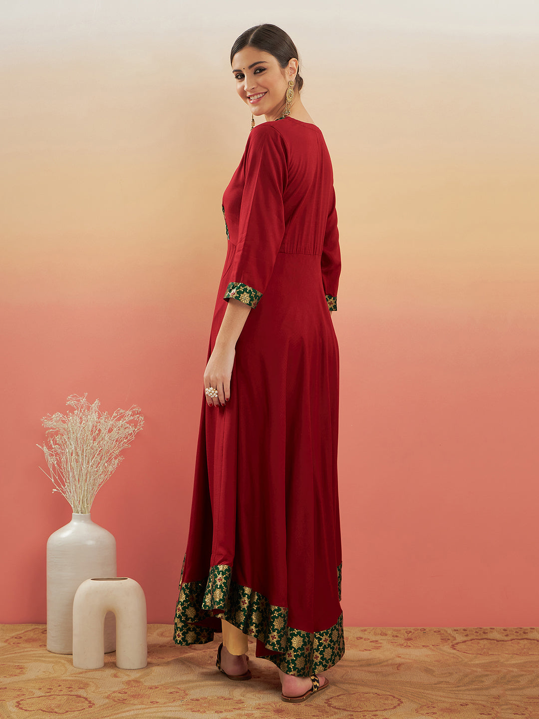 InWeave Women's Maroon Green Border Anarkali Kurta - Swadesiicart