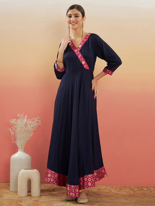 InWeave Women's Navy Blue Pink Border Anarkali Kurta - Swadesiicart