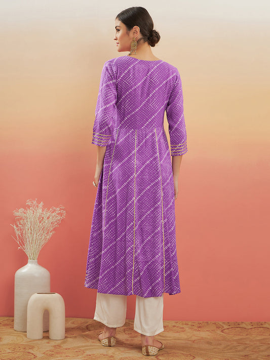 InWeave Women's Lilac Purple Lehriya Gota Work Angrakha Style Anarkali Kurta - Swadesiicart