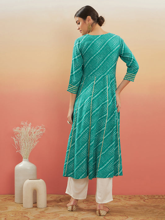 InWeave Women's Teal Lehriya Gota Work Angrakha Style Anarkali Kurta - Swadesiicart