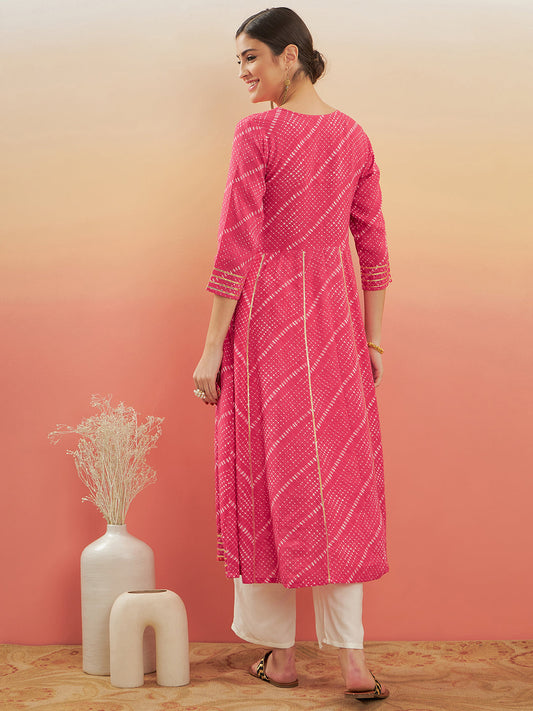 InWeave Women's Punch Pink Lehriya Gota Work Angrakha Style Anarkali Kurta - Swadesiicart