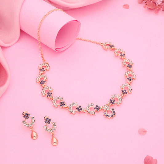 Tehzeeb Creations Gold-Polished Lavender Diamond Necklace With Earrings - Swadesiicart