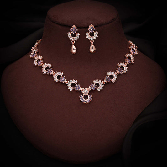 Tehzeeb Creations Gold-Polished Lavender Diamond Necklace With Earrings - Swadesiicart