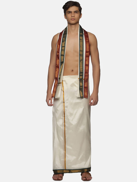 Sethukrishna Men Cream-Coloured Solid Dhotis With Angavastram | Swadesiicart