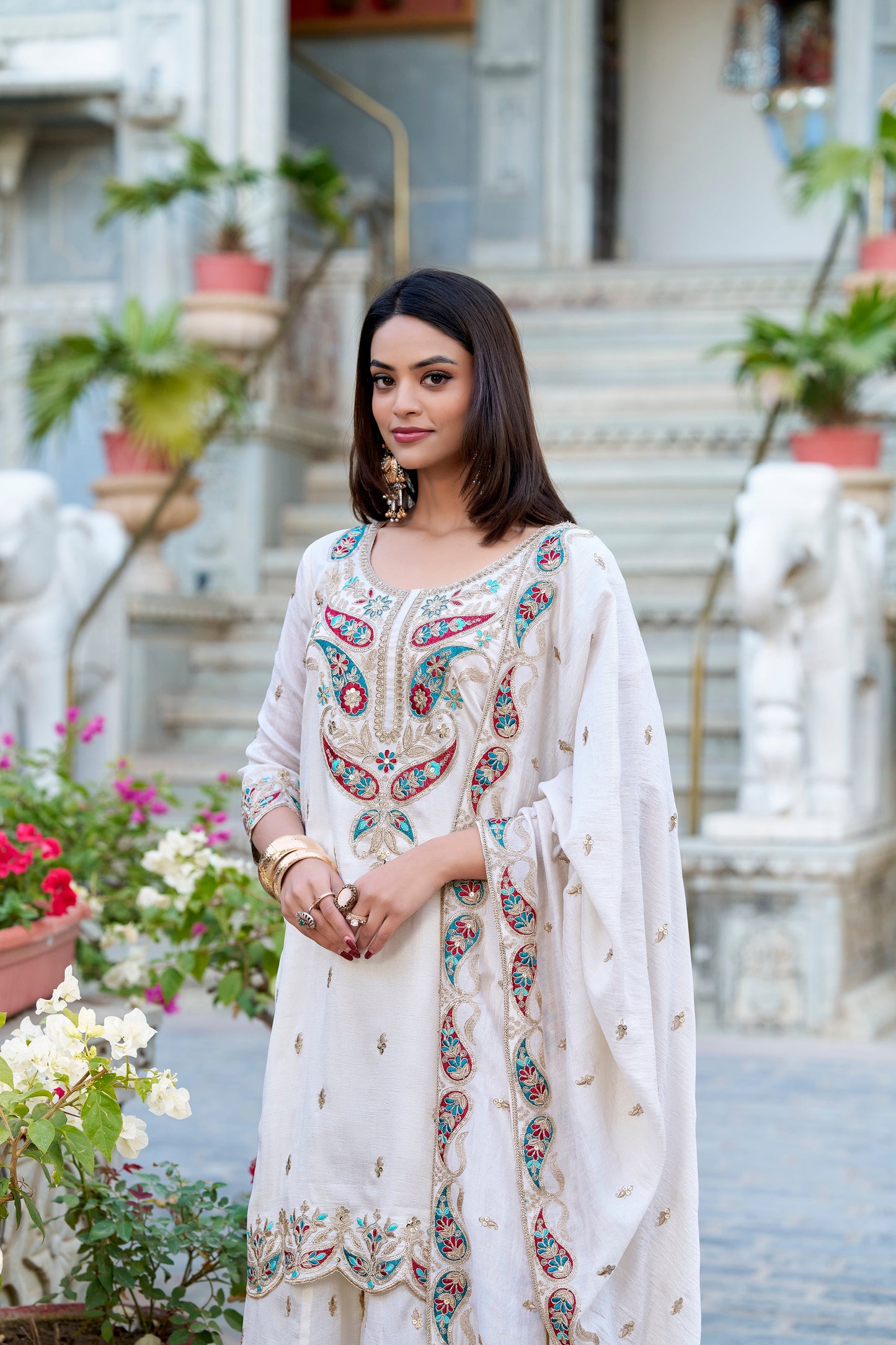 Lorenvalley Vichitra Silk Sequins and Thread Embroidery Work Palazzo Set | Swadesiicart