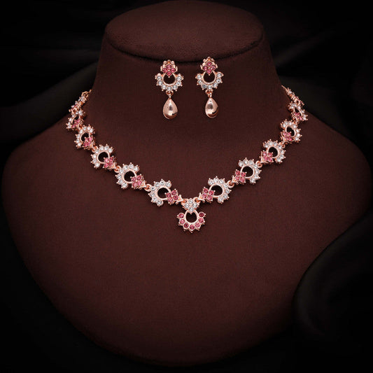 Tehzeeb Creations Gold-Polished Pink Diamond Necklace With Earrings - Swadesiicart