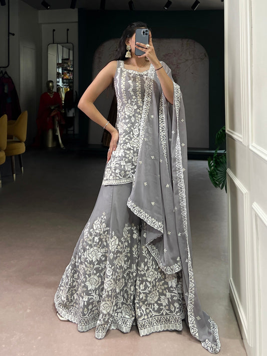 Lorenvalley Fashion Star Georgette Sequins and Thread Embroidery Work Kurta Palazzo Set - Swadesiicart