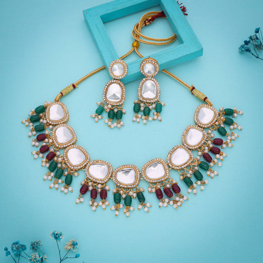 Tehzeeb Creations Gold-Polished Kundan Green & Maroon Colour Necklace With Earrings - Swadesiicart
