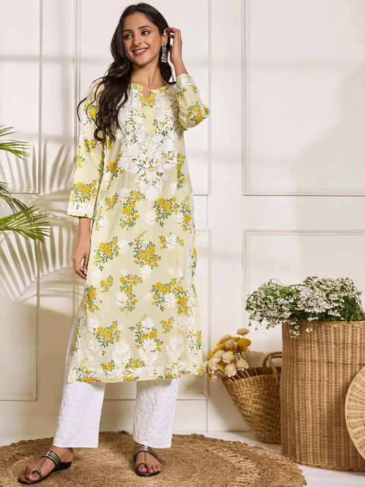 HOUSE OF KARI Floral Embroidered Chikankari Pure Cotton Kurta | Swadesiicart