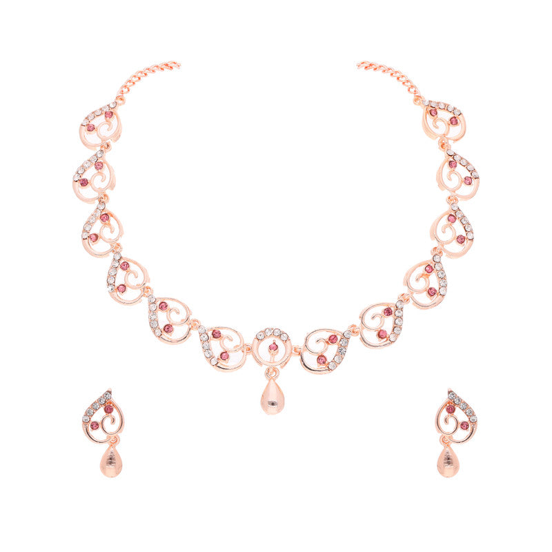 Tehzeeb Creations Brass Rose Gold-Polished Pink Colour Necklace With Earrings - Swadesiicart