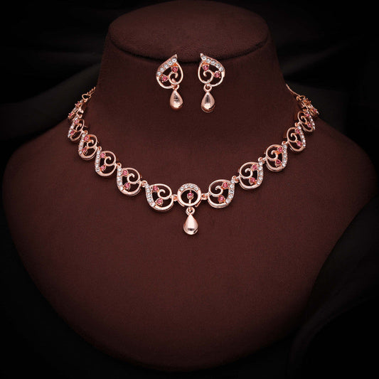 Tehzeeb Creations Brass Rose Gold-Polished Pink Colour Necklace With Earrings - Swadesiicart