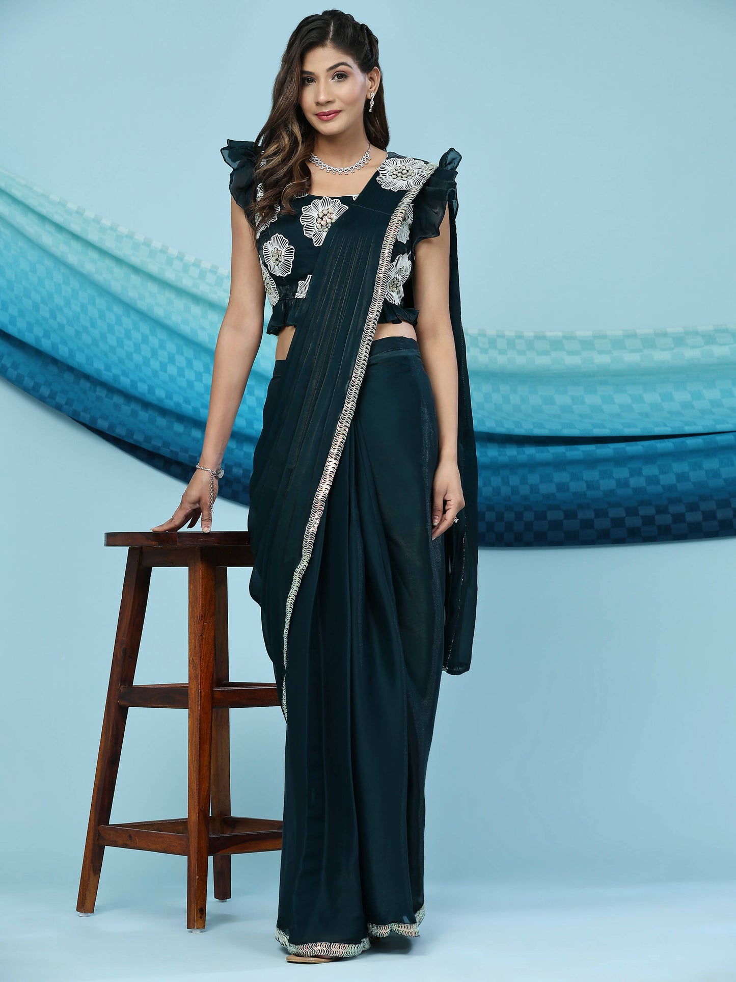 Green Silk Satin Sequence Work Ready to Wear Saree with stitched Blouse - Nirvana | Swadesiicart