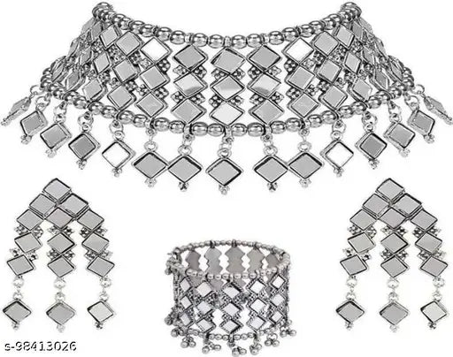 Tehzeeb Creations Women's Silver Colour Oxidised Necklace,Earrings And Bangle In Mirror Design - Swadesiicart