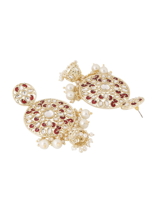Shoshaa Maroon Contemporary Gold-Polished Kundan Drop Earrings With Jhumkas Earrings Sets | Swadesiicart