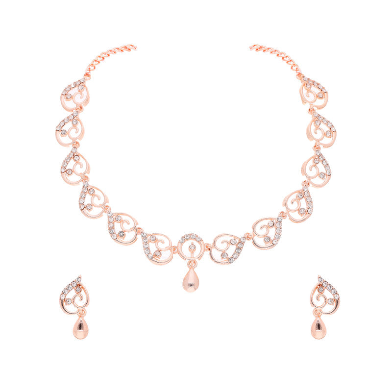 Tehzeeb Creations Brass Rose Gold-Polished White Colour Necklace With Earrings - Swadesiicart