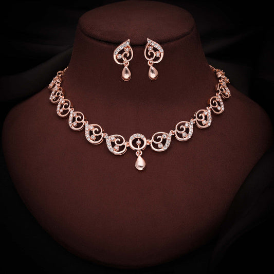 Tehzeeb Creations Brass Rose Gold-Polished White Colour Necklace With Earrings - Swadesiicart