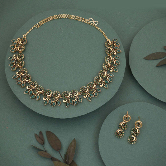Tehzeeb Creations Gold Pleate Green Colour Choker Set - Swadesiicart