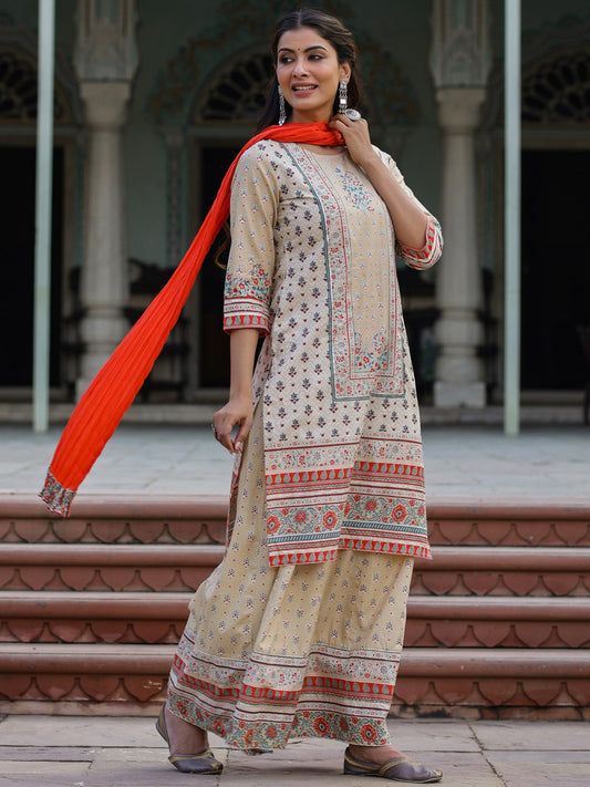 Juniper Women Beige Cotton Cambric Printed Kurta, Sharara & Dupatta Set | Swadesiicart