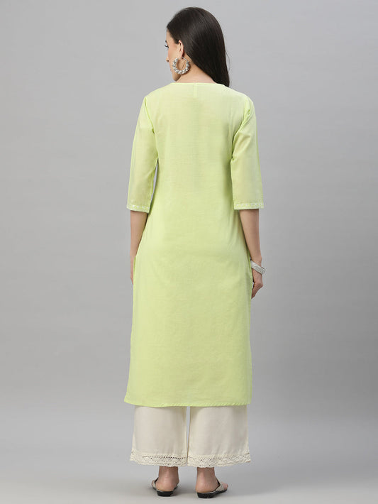 Juniper Pista Green Cambric Festive Embroidered Straight Kurta For Women | Swadesiicart