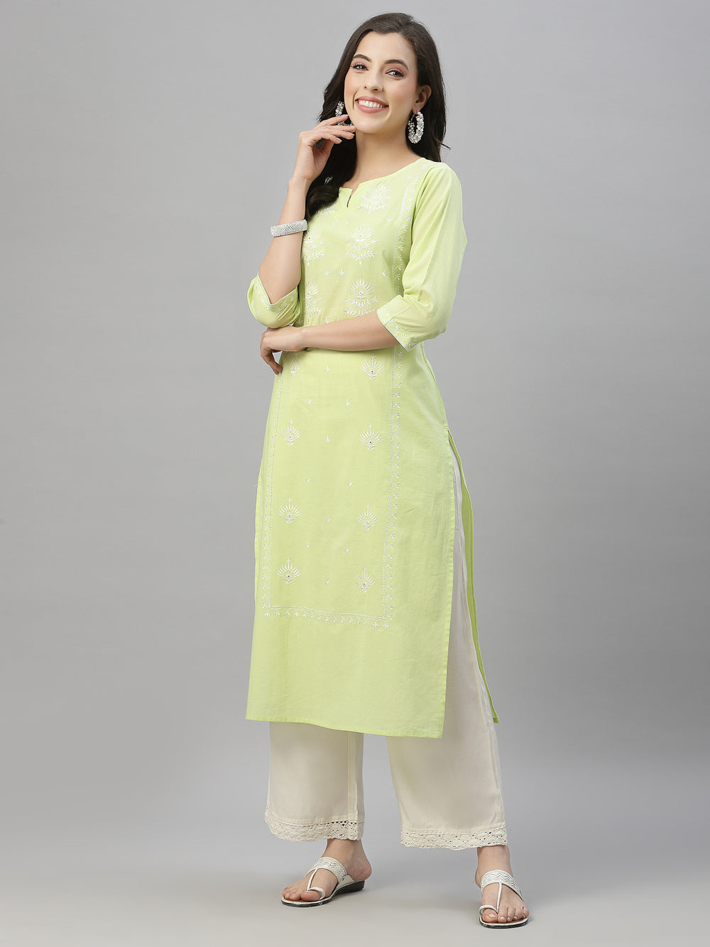 Juniper Pista Green Cambric Festive Embroidered Straight Kurta For Women | Swadesiicart