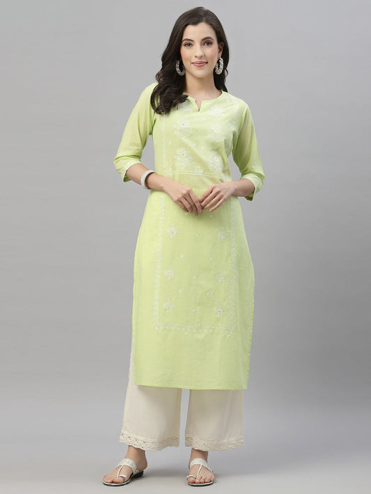 Juniper Pista Green Cambric Festive Embroidered Straight Kurta For Women | Swadesiicart