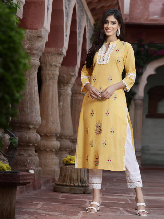 Juniper Women's Yellow Cambric Embroidered Straight Kurta | Swadesiicart