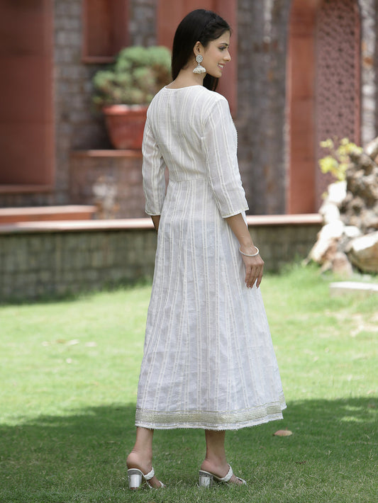Juniper White Cotton Lurex Festive Embroidered Flared Long Dress For Women | Swadesiicart