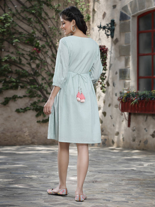 Juniper Women's Mint Green Cotton Dobby Embroidered A-Line Short Dress | Swadesiicart