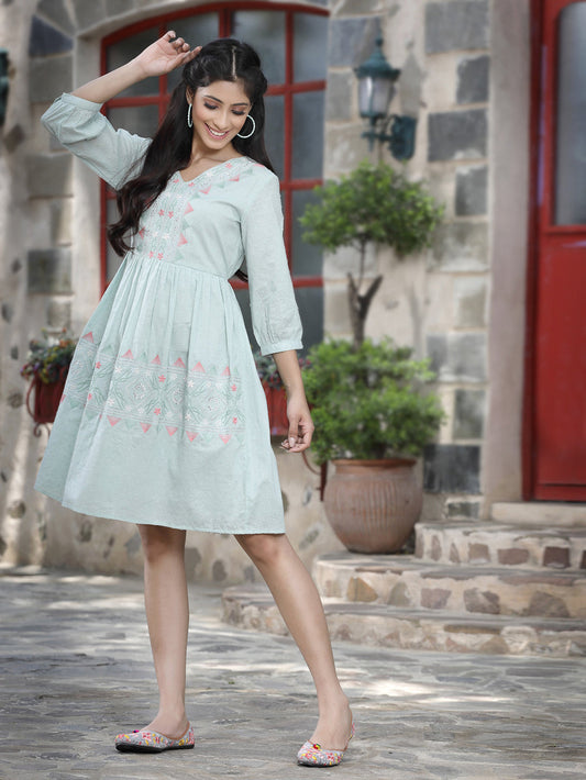 Juniper Women's Mint Green Cotton Dobby Embroidered A-Line Short Dress | Swadesiicart