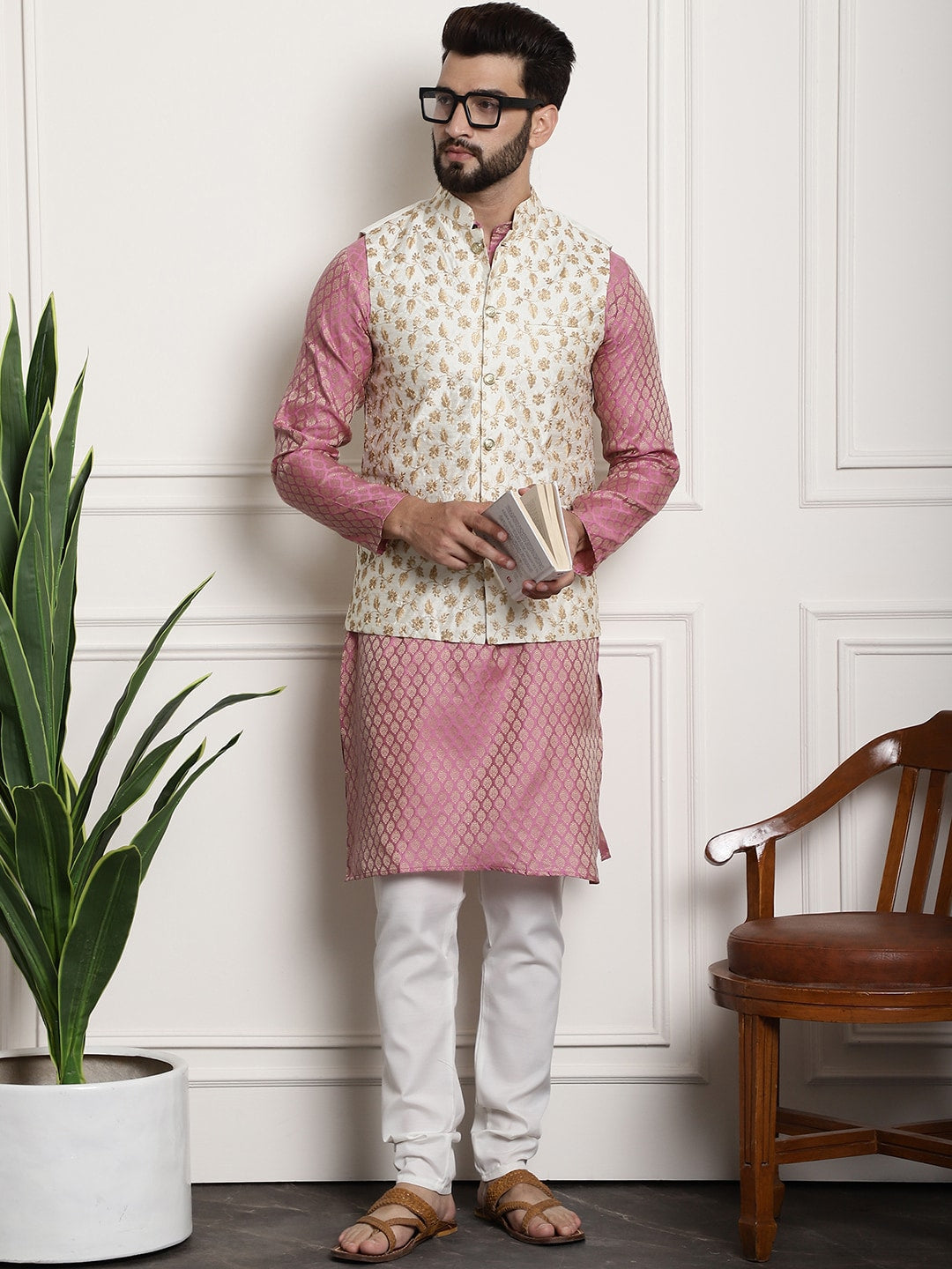Sojanya Woven Design Mandarin Collar Kurta with Churidar & Nehru Jacket | Swadesiicart
