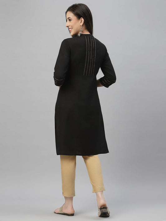 Juniper Black Rayon Festive Solid Straight Kurta For Women | Swadesiicart